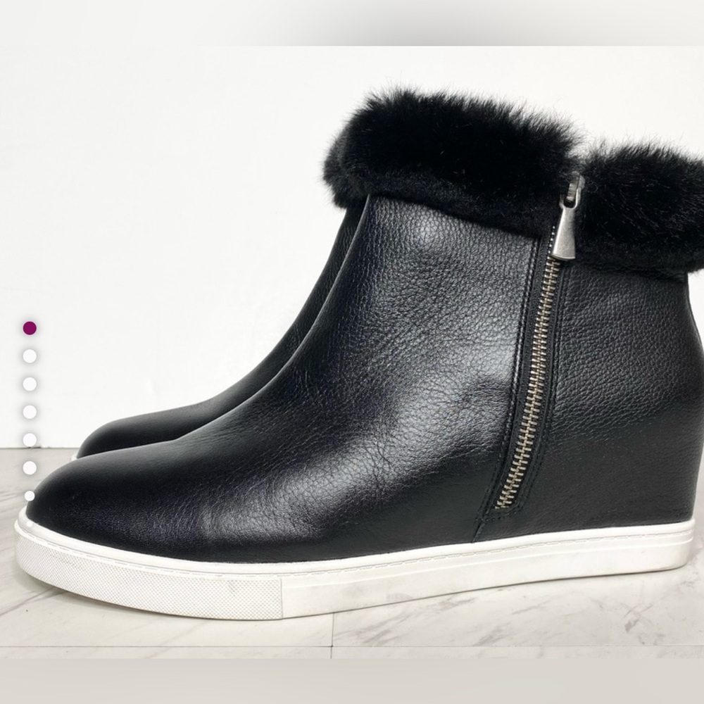 Linea Paolo Flossie Leather with Faux Fur Cuff Wedge Booties, size 8